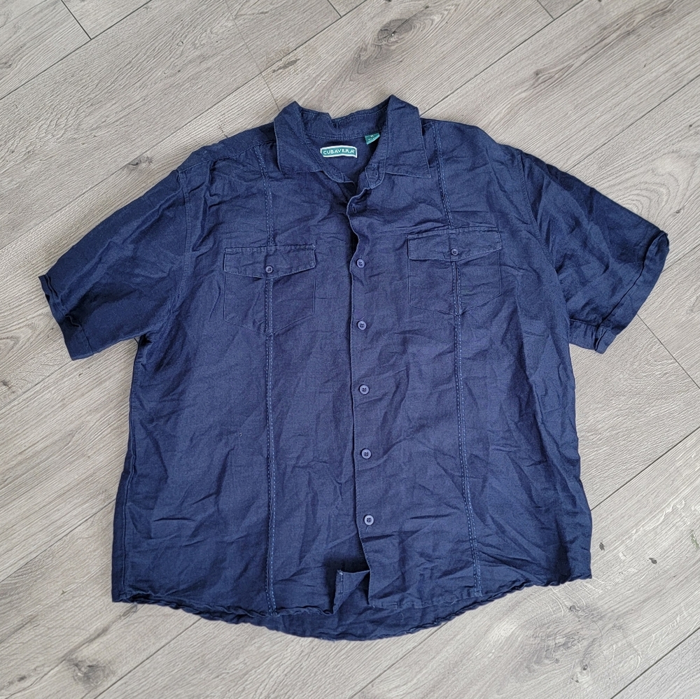 Cubavera Guayabera Men's XL Navy Blue Button Up Short Sleeve Ramie Rayon Blend